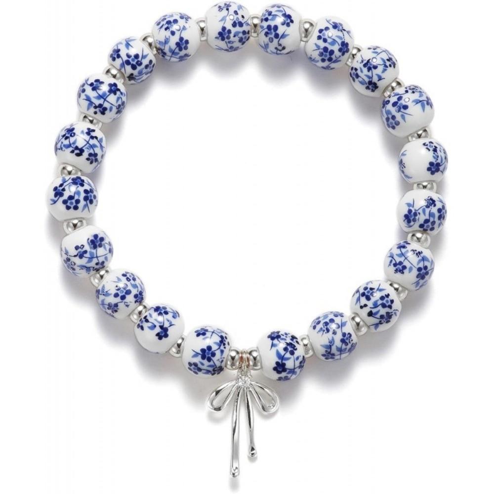 Chinese Style Blue and White Porcelain Bracelet Elastic Vintage Beaded Bow Bracelet Versatile Pretty Ceramic Bracelet for Women