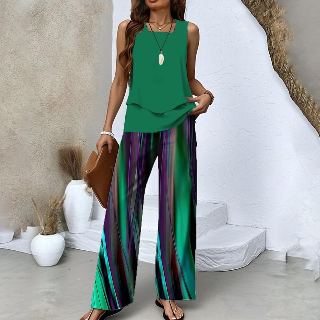 Zweiteiliges Sommer-Set für Damen, lockeres, ärmelloses, doppellagiges Westentop, lässige Hosen, Urlaubsset