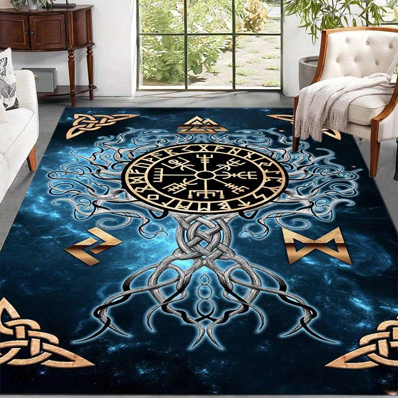 2D Flat Nordic Rune Tree Of Life Gold Symbols Flannel Area Rug Non Slip Viking Mythology Carpet ForLiving RoomBedroom FloorDecor