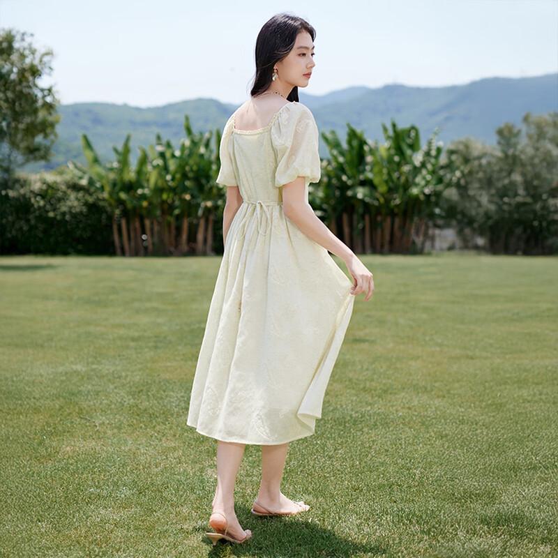 Xiangying Women's Puff Sleeve Square Neck Linen Blend Dress