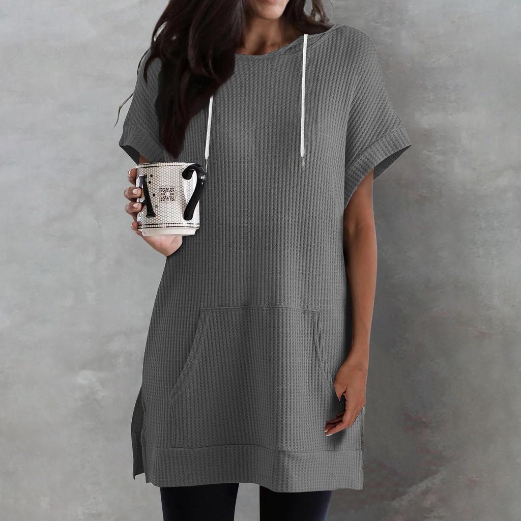 Women's Color Loose Shirts Short Sleeve Drawstring Hoodies Knit Side Slit Tunic Hooded Tops With Pocket
