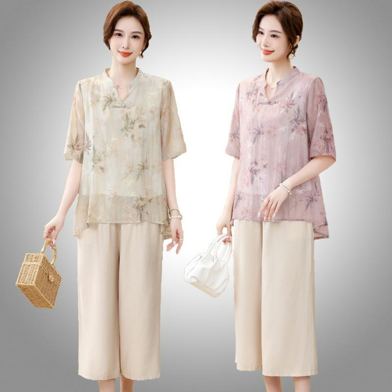 Middle-aged Mother Summer Suit Western Style Summer Short-sleeved Loose Top Two-piece Suit