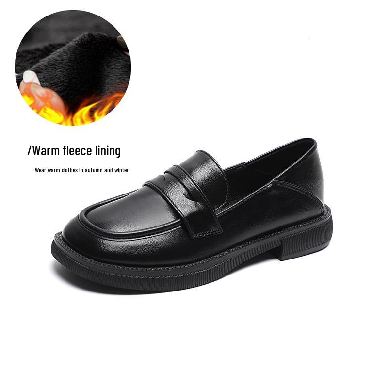 Women's Black British Style Leather Loafers: Thick Sole, Chunky Heel, Round Toe, Two-Wear Design - Spring 2025