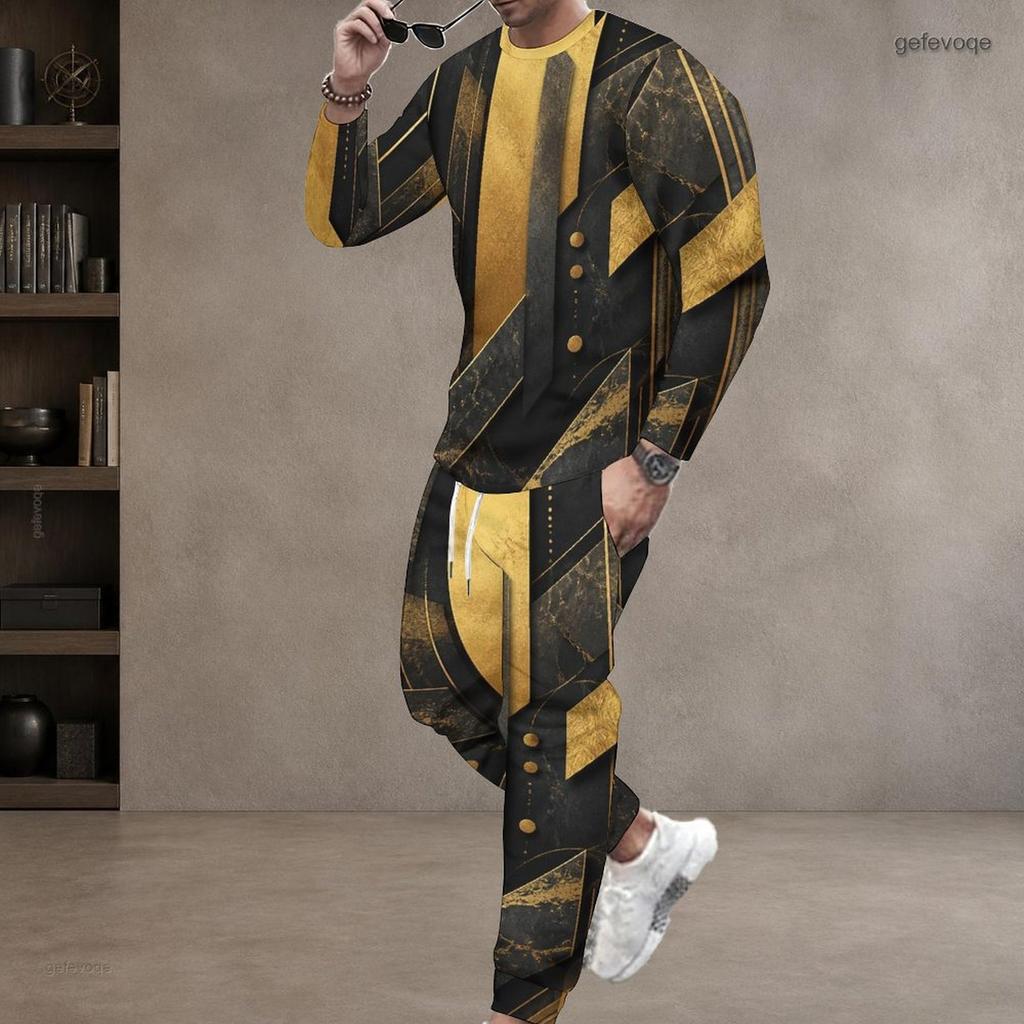 Men Plus Size Black Gold Silver Printed Round Neck Long Sleeve Top Cuffed Pants Two Piece Set