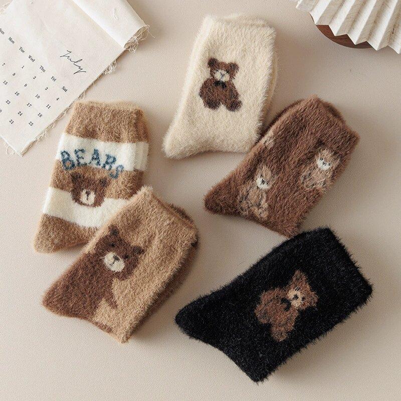 Women's Socks, Cartoon Cute Little Bear Mid-Calf Socks, Thickened for Autumn and Winter, Warm Wool Slouch Socks, New Style Socks
