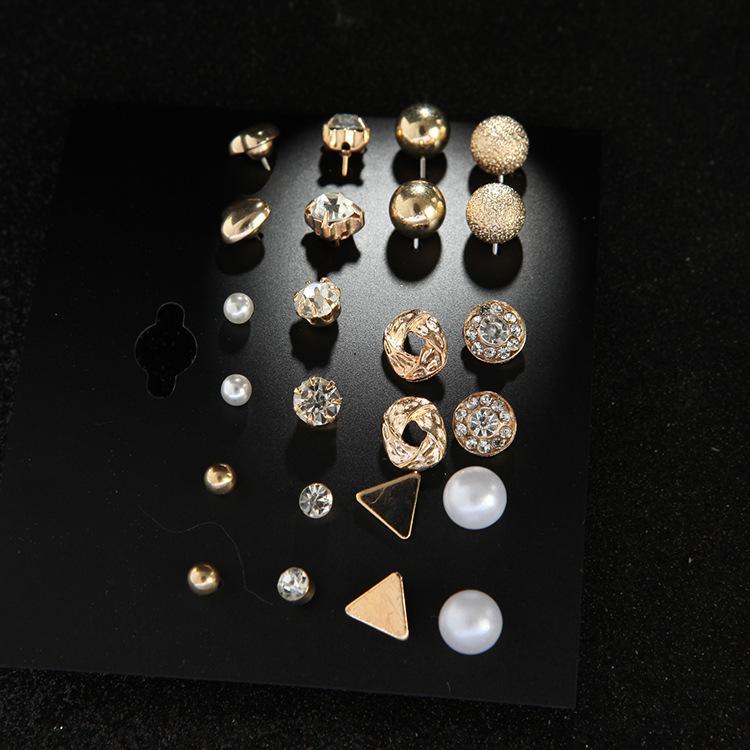 European and American Metal Earrings Set, 12 Pairs of Square Zircon Earrings, Heart-set Diamond Earrings