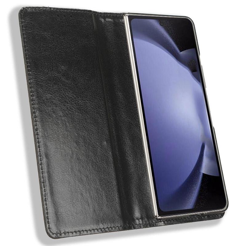 

For Samsung Galaxy Z Fold6 5G Case PU Leather Retro Phone Stand Cover Black