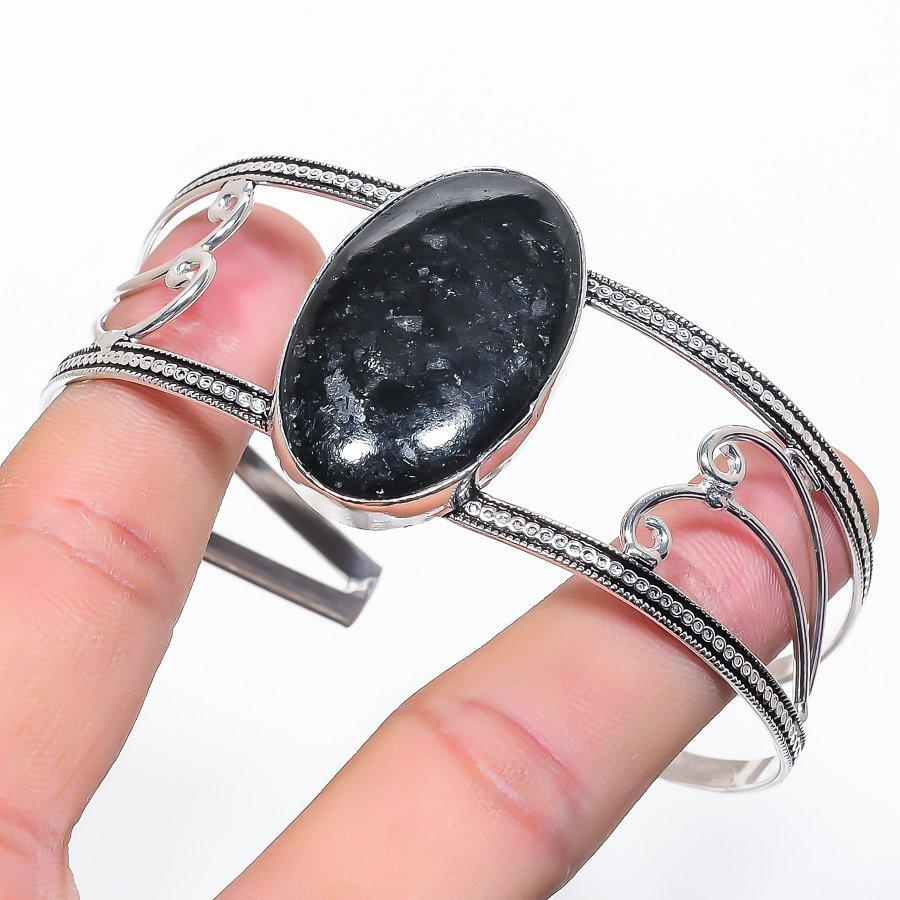 Natural Silversheen Obsidian Gemstone 925 Sterling Silver Cuff Bangle Adj w3H16
