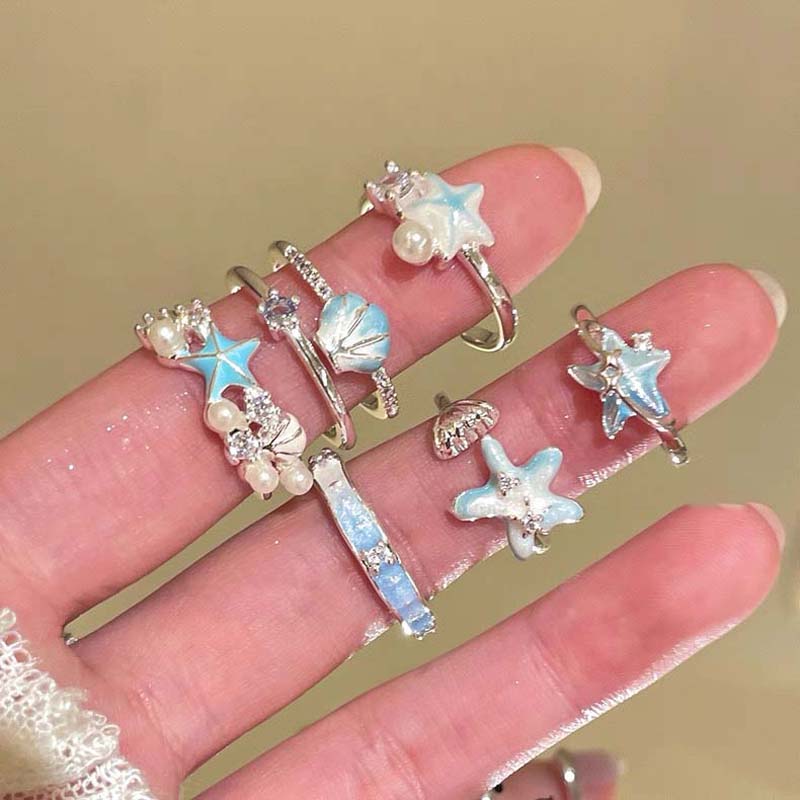 Sweet Blue Starfish Shell Rings for Women Fashion Imitation Pearl Open Rings Summer Seaside Vacation Jewelry Accessories