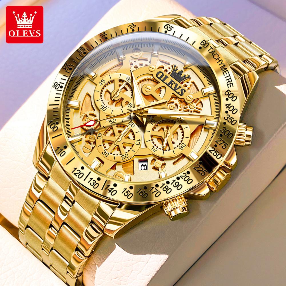 OLEVS Watches Mens 9913 Gold Skeleton Quartz Watch Waterproof Luminous Calendar Watches For Men Gifts Original Business Reloj
