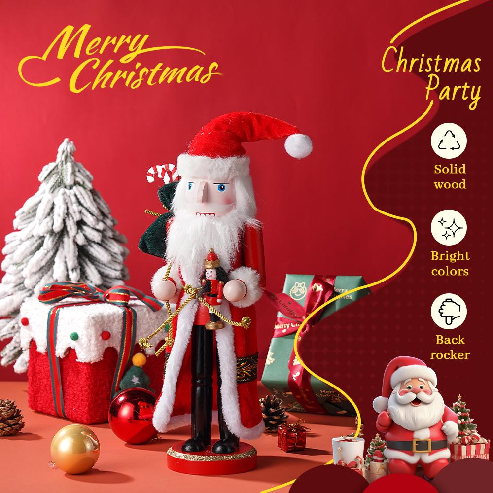 35CM Christmas Nutcracker Red Santa Claus with Cape Style Wooden Handicraft Home Office Festival Decoration Gift-giving