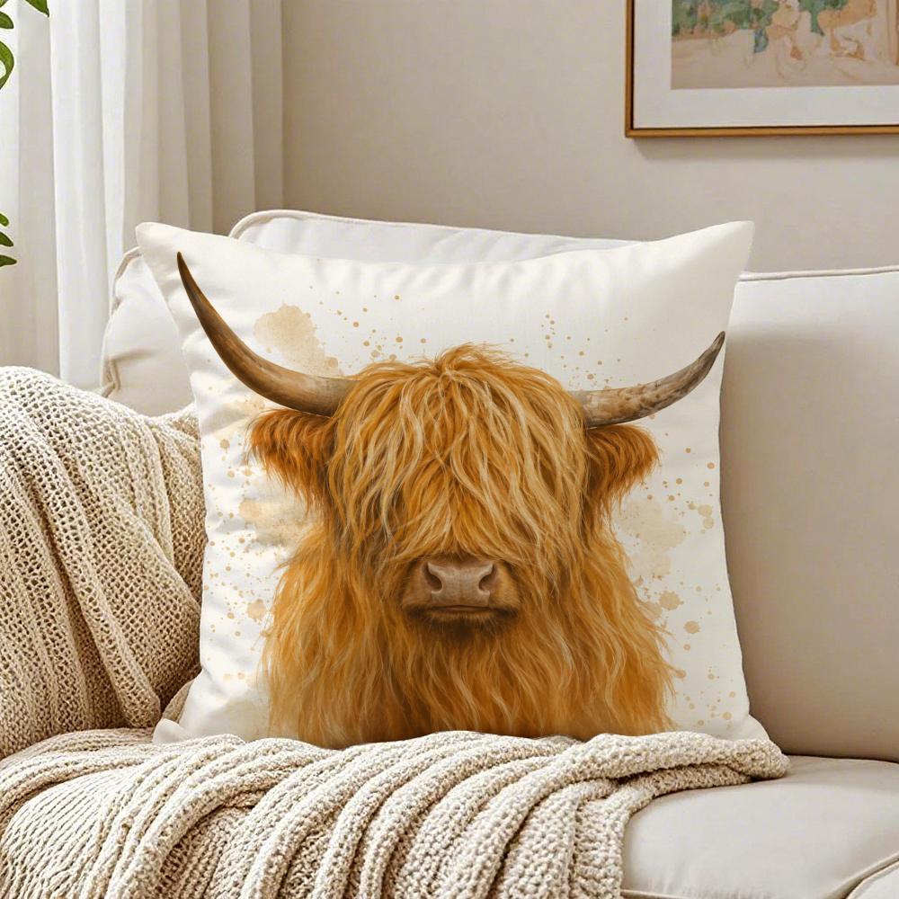 Turquoise Highland Cow Pillow Case Double-Sided Plush Sofa Cushion Covers Organic Breathable Invisible Zipper