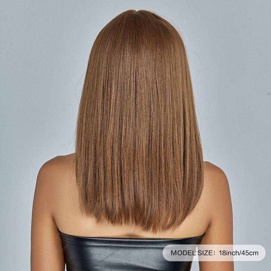 Perruque Synthétique Longue Brun Clair Avec Frange - Perruque Femme Lisse Style Naturel - Taille Moyenne