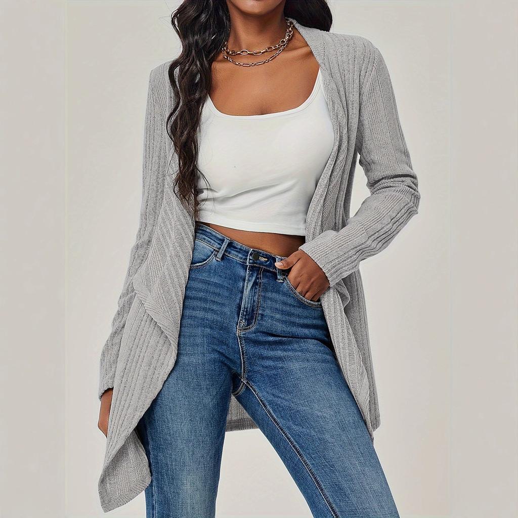 Amazon autumn and winter cross-border new European and American fashion women's solid color ribbed knitted cardigan cardigan long-sleeved sweater