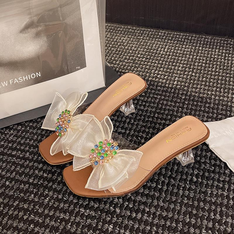 Bow cat heel cool slippers female summer wear open-toed square head French fairy one-word drag large size rhinestone high heels