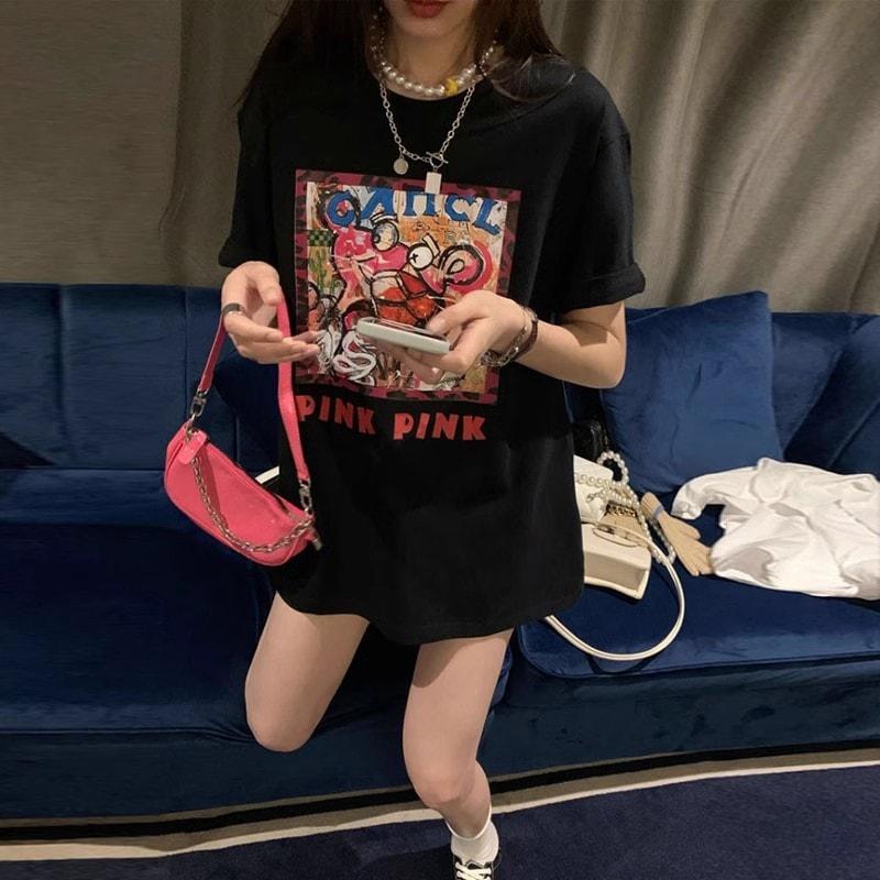 

White short-sleeved t-shirt women s summer loose medium and long slim top 2025 new oil painting printing couple half sleeve XXXL