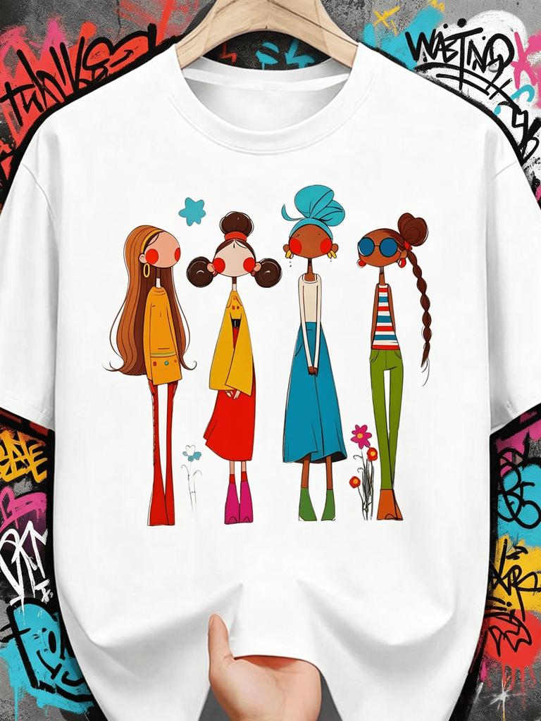 Unisex Black T-Shirt, Decorated with Colorful Female Motifs, Loose Fit, Suitable for Casual And Form