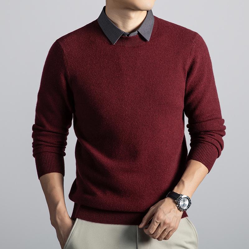 Męski gruby wełniany sweter z dekoltem w serek i klapami 2025 - Fason udający dwie części, dzianina biznesowa