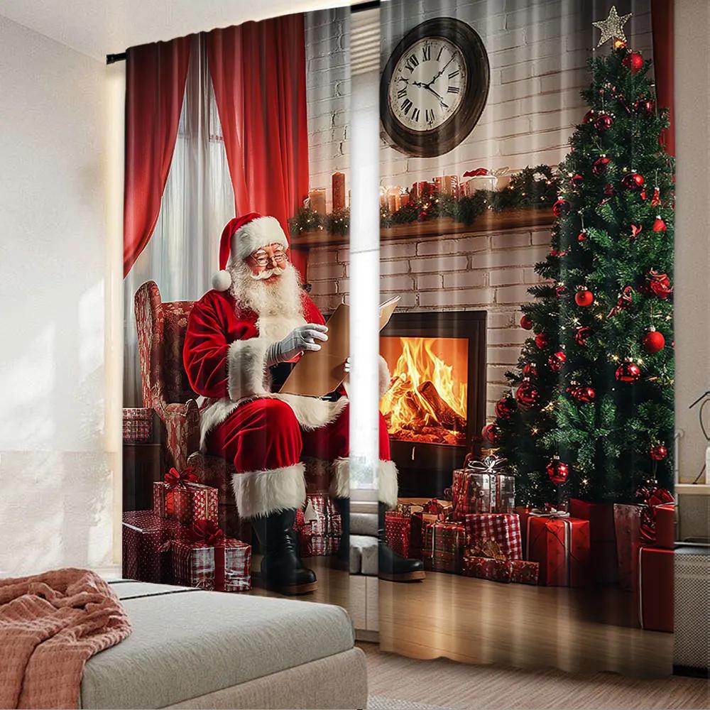 Santa Curtains Old Claus Sitting Home Christmas Night Reading Letter Near Tree Living Room Bedroom Curtain Set Of 2 Made Polyester Washable Ready