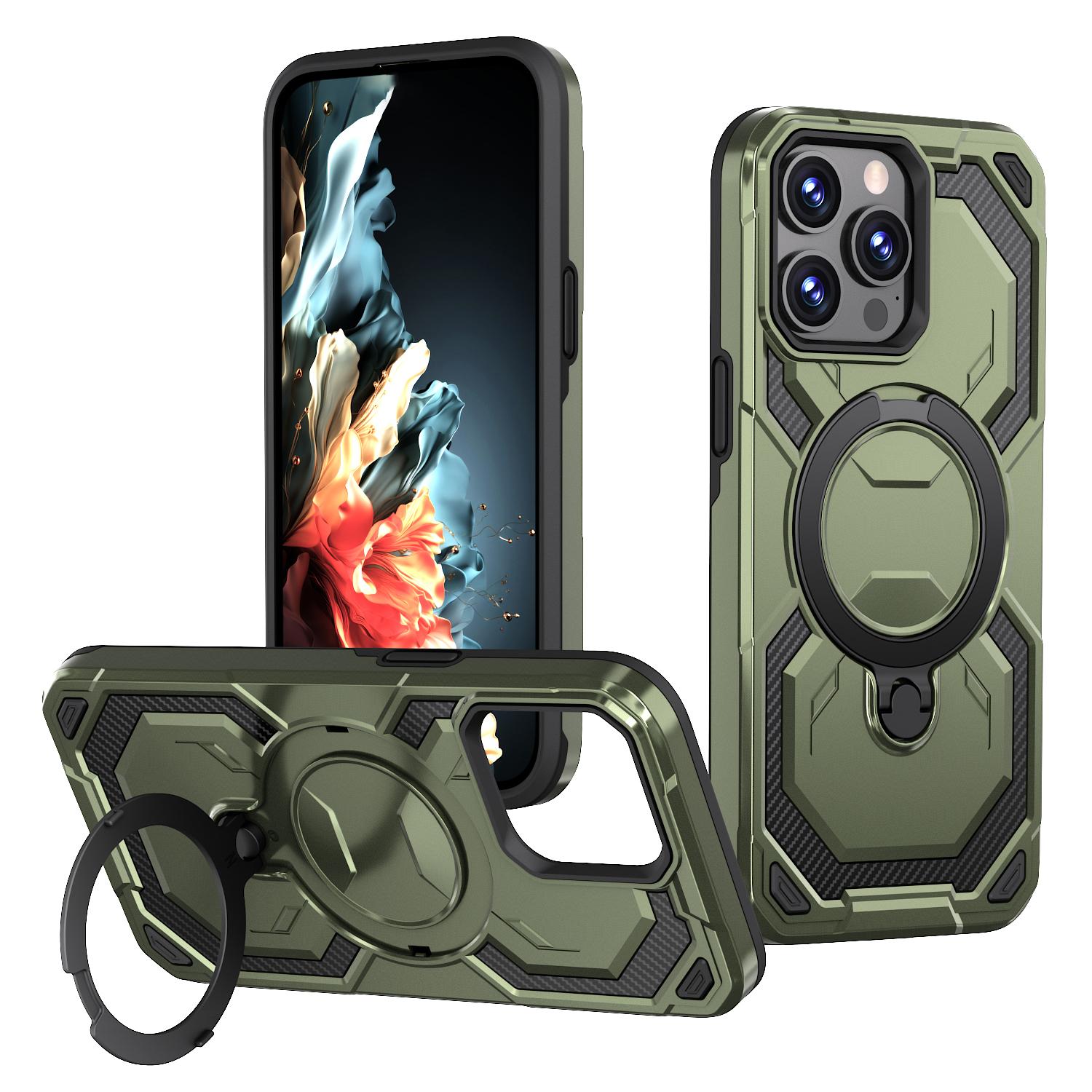 

For iPhone 15 Pro Max Magnetic Case Ring Kickstand PC + TPU Hybrid Phone Cover