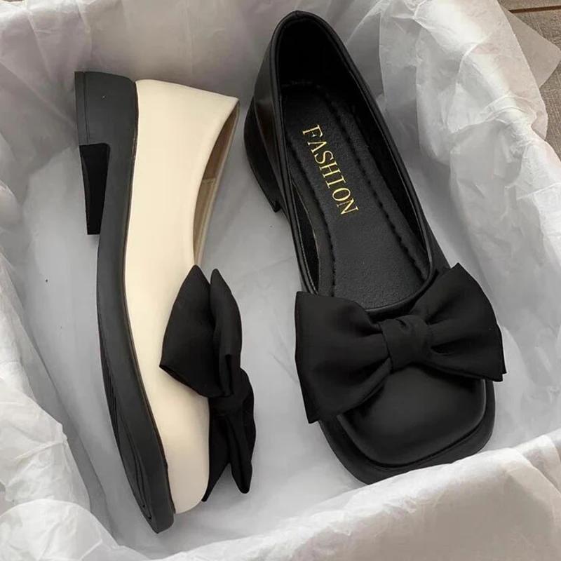 Women Bow Mary Janes Shoes Casual High Heels Shoes New Square Toe Sandals Fashion Lolita Shoes Loafers Walking