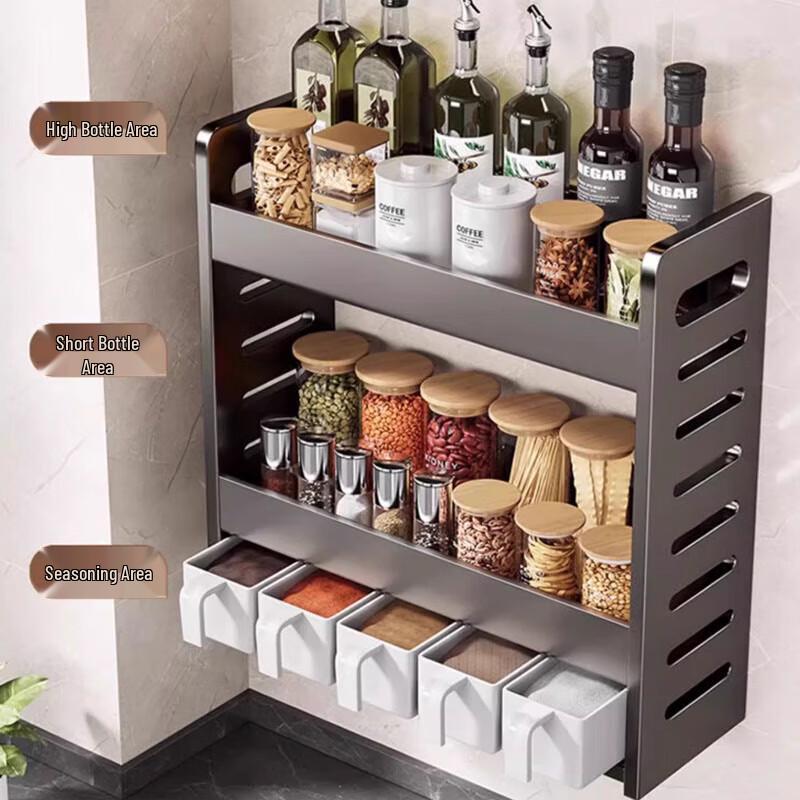 Wall-Mounted 3-Tier Kitchen Spice Rack with 5 Jars