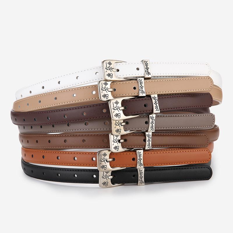 Elegant Women's Two-Layer Genuine Cowhide Leather Belt with Retro Silver Pin Buckle - Thin Decorative Accessory for Pants