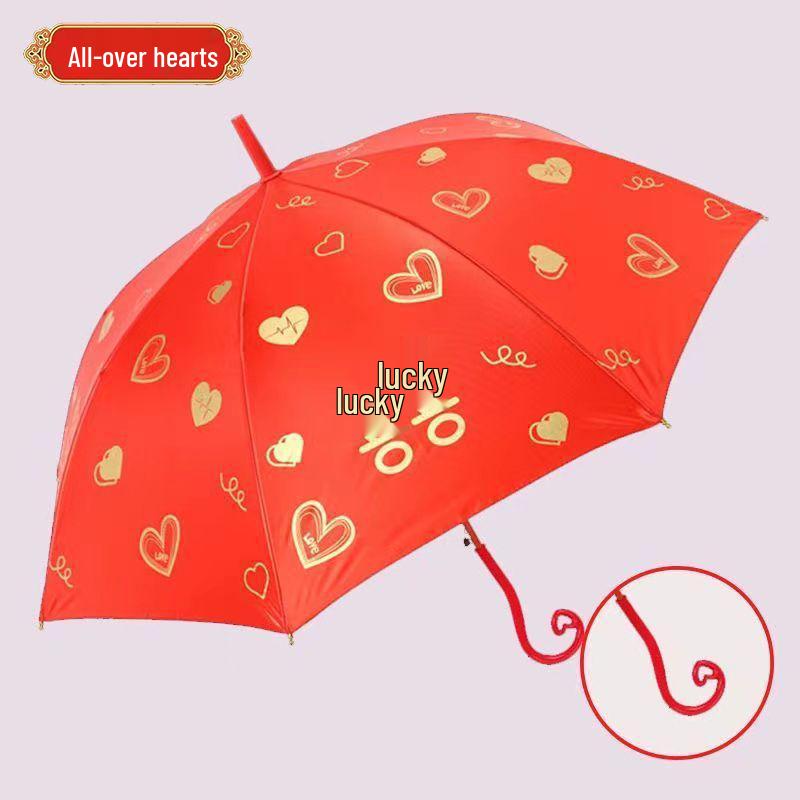 Bright Red Embroidered Bridal Wedding Umbrella with Lace Edge and Long Handle