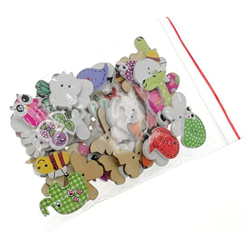 50PCS Wooden Buttons Natural Wood 2-Holed Fastener Buttons for Sewing Knitting Handcraft  Cartoon Animals Printing Patterns