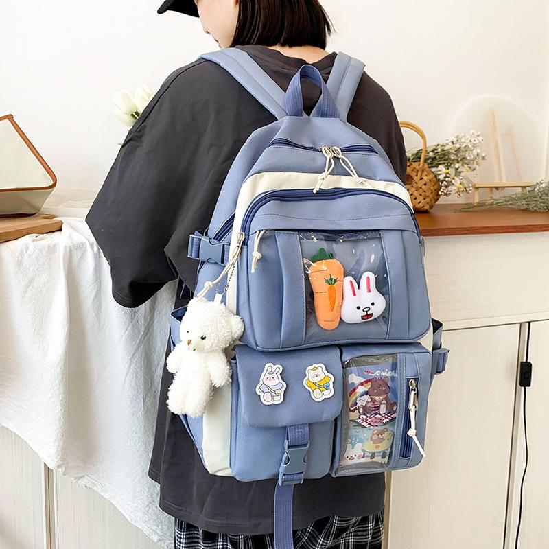 5 Piece Set Purple Pink Fashion Cartoon Cute Kawaii School Bags For Girls Portable High-capacity Multifunction Combined Backpack
