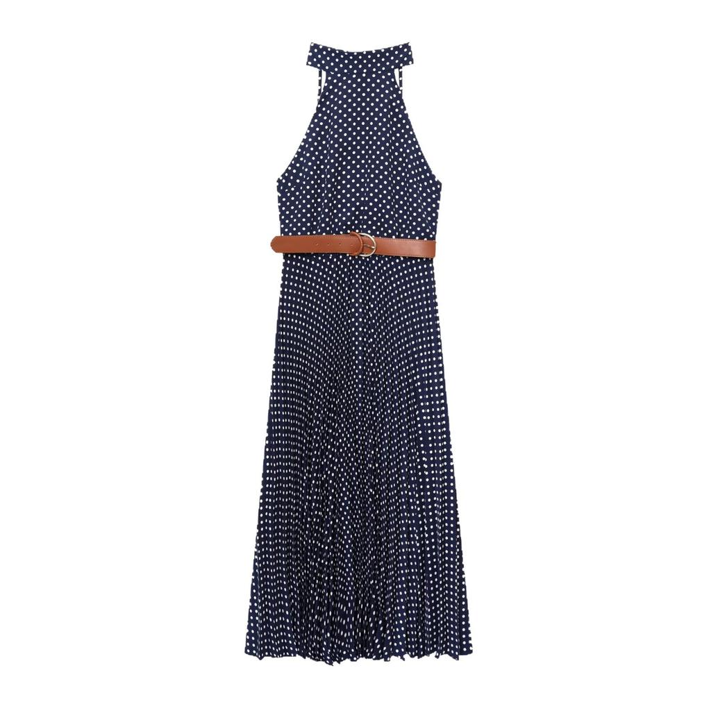 European and American women's clothing summer new models, backless neck collar design, sleeveless with belt Midi dress