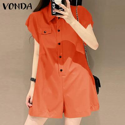 Women Summer Shirt Collar Short Sleeve Jumpsuits