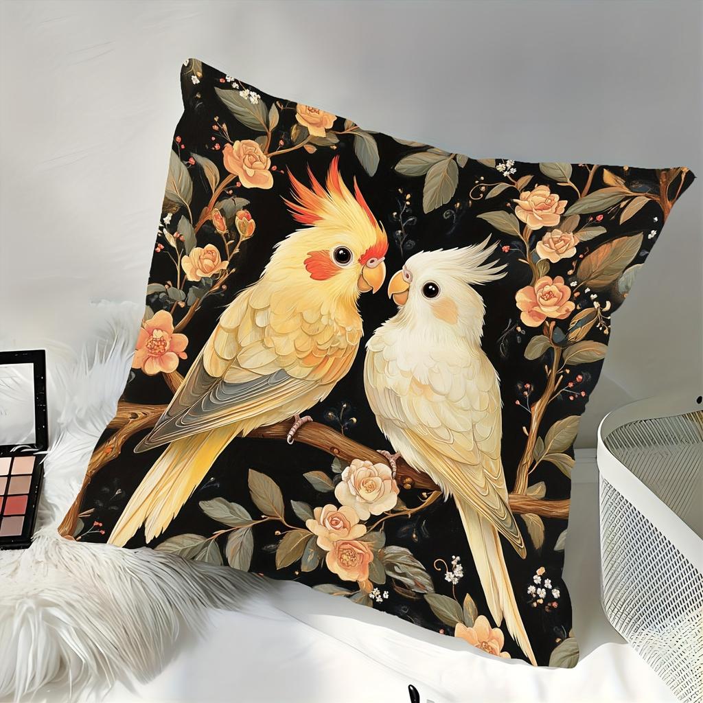 1Pc Cockatiel Bird & Floral Printed Throw Pillow Cover, Suitable For Sofa, Bedroom, Living Room,A Healing Gift For Bird Lovers.