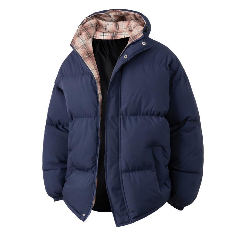 Mens Winter Hooded Puffer Coat Plaid Cotton Jacket Loose Warm Fashion Trendy Casual Outerwear