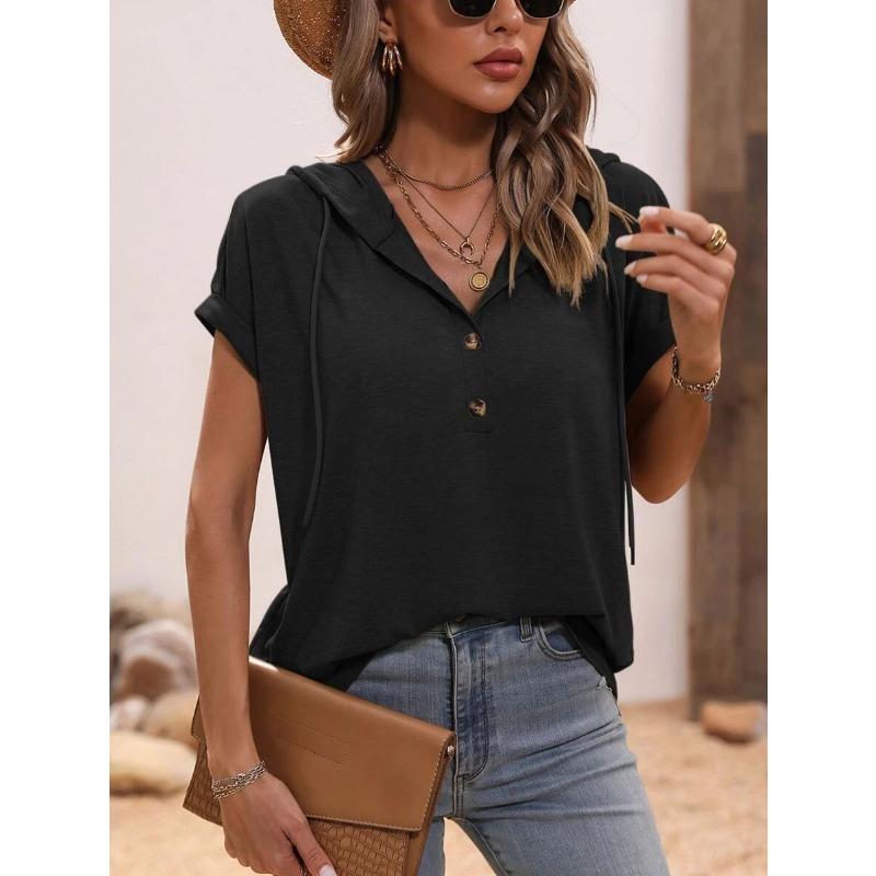 Summer Short Sleeved Hooded Women T-shirt New Loose Buttons Casual Simple T Shirt Female Plus Size Tops Women's Clothing 3267