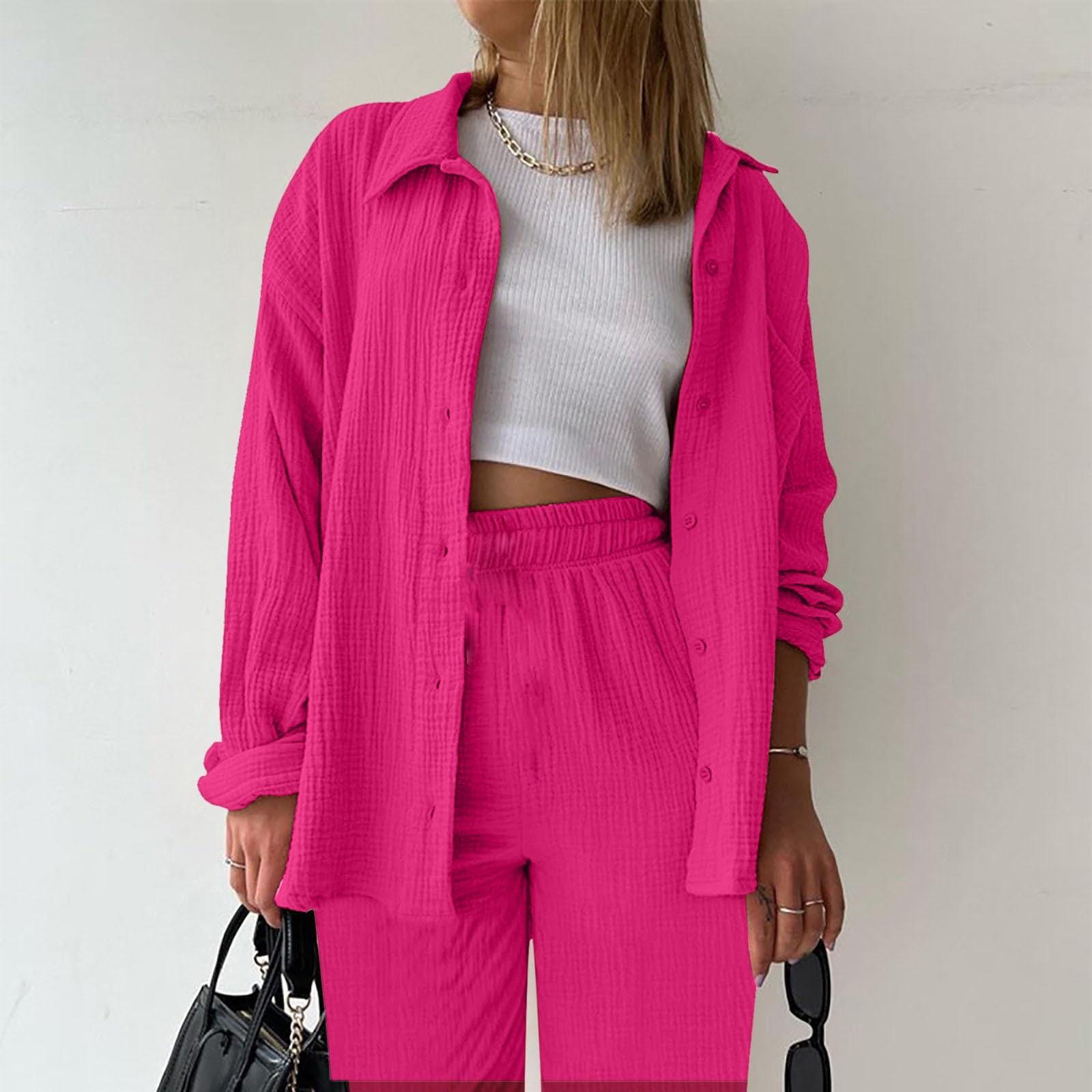 

Двухсекционный женский костюм летняя муслиновая рубашка и брюки одежда двухсекционный пляжный костюм двухсекционный женский костюм XL горячий розовый