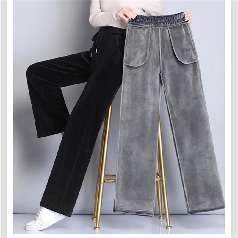 Raka vinterbyxor Nya manchesterbyxor Kvinnor Dragsko med hög midja Elastiskt koreanskt mode Lösa träningsbyxor Solid Varm Casual