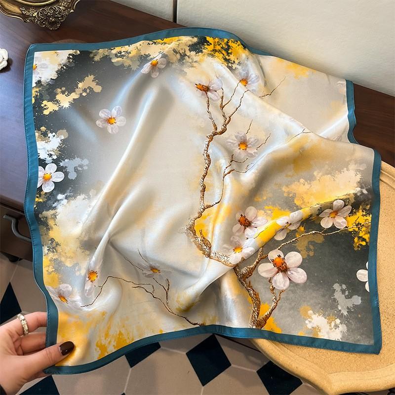 New Silk Silk Scarf Women's Spring Fashion Elegant Peony Plain Crepe Satin Silk Scarf 100% Mulberry Silk Square Scarf 53 Silk Scarf