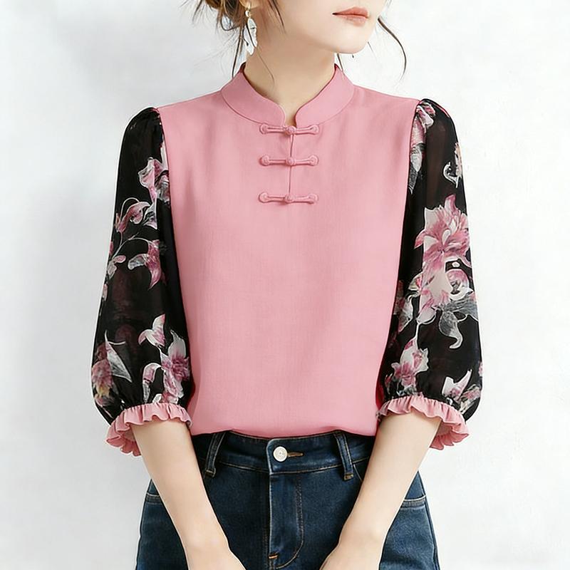 ZANZEA Damen Casual Stehkragen Print Patchwork 3/4 Ärmel Bluse