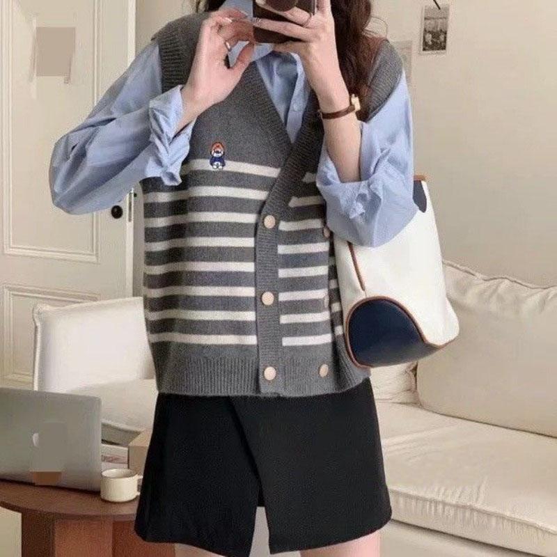 V-neck Double Breasted Heavy Work Embroidery Sweater Vest Spring and Autumn Stacked Color Matching Striped Vest Cardigan Female