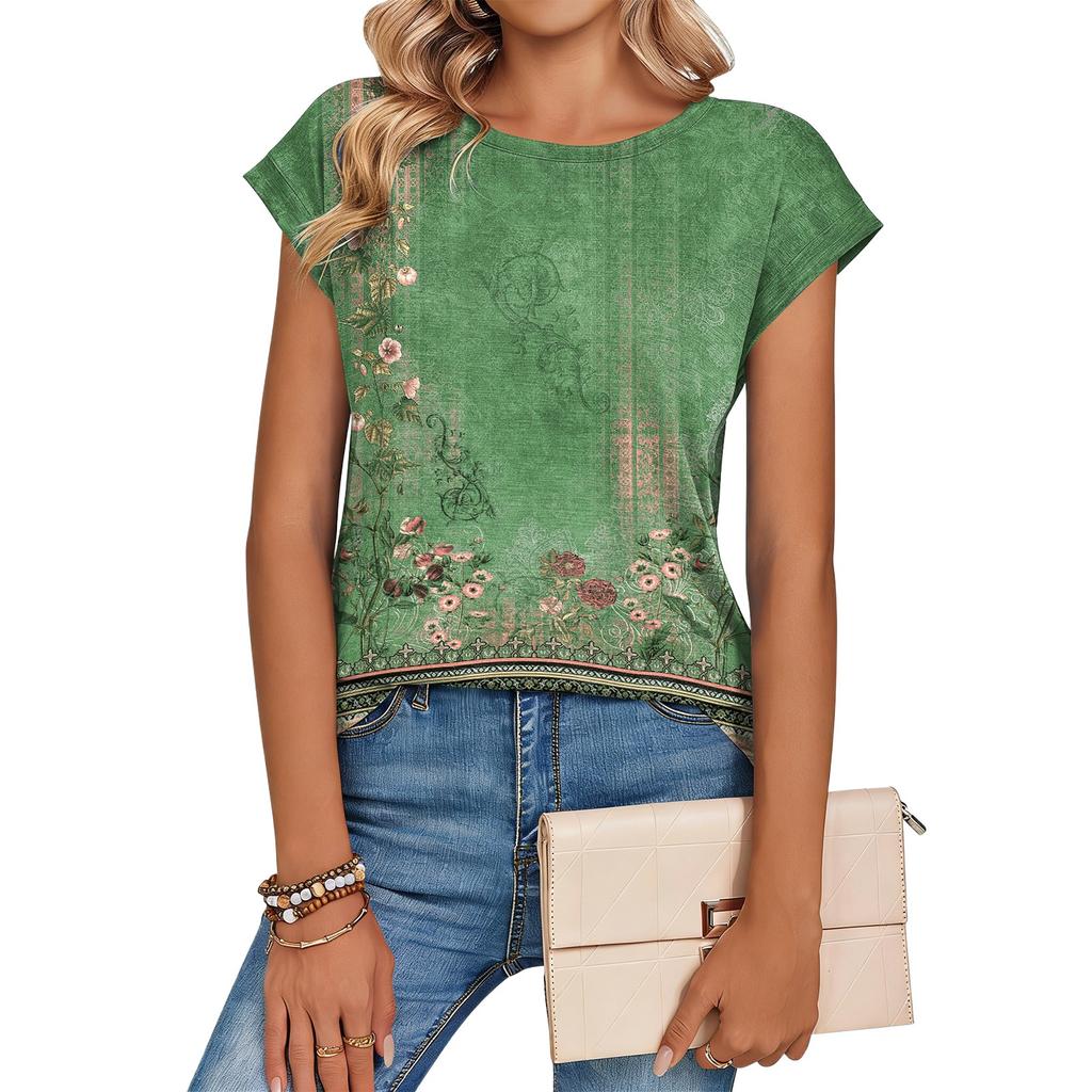 Damen Modisches Lässiges Retro-Print T-Shirt mit lockerem Schnitt