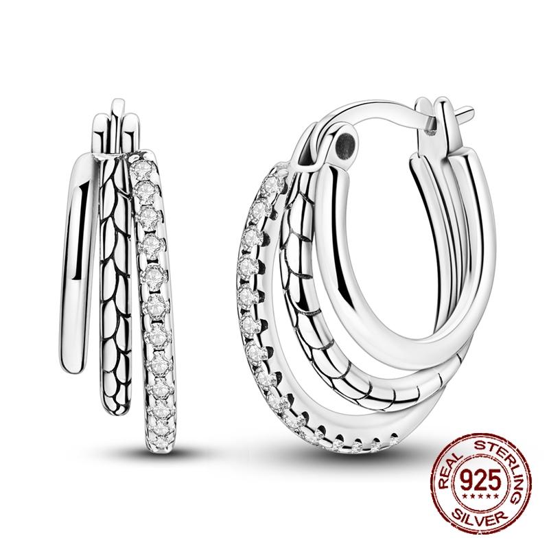 Triple Layered Hoop Earrings 925 Sterling Silver Pave CZ Multi Row Hypoallergenic Sparkling Statement Earrings Gift for Women