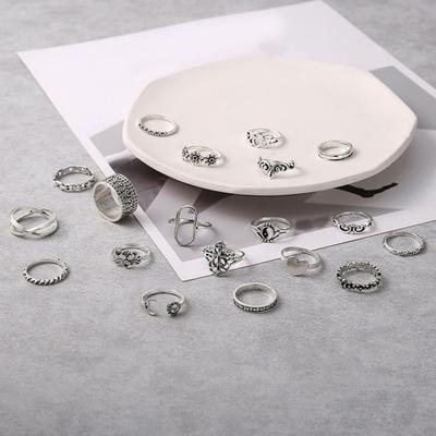 19Pcs/Set Retro Hollow Lotus Flower Heart Shape Ring Set Aesthetic Enamel Silver Color Knuckle Ring Jewelry Gift