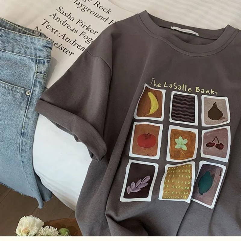 

Women s Beige T-Shirt Casual Crew Neck Short-Sleeve Fruit Grid Print Loose Fit Top S серый