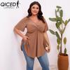 Plus-size Solid Color Hollowed-out Front Chest, Twisted Waist, V-neck Short-sleeved Top with A Large Swing