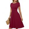 Women's Casual Fashion Round Neck Pleated Short Sleeve Solid Color A-Line Midi Dress