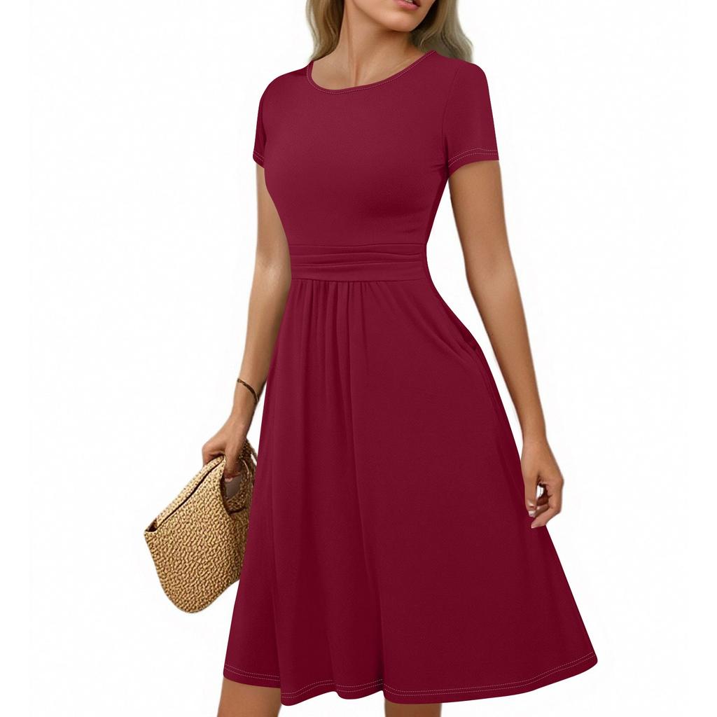 Women's Casual Fashion Round Neck Pleated Short Sleeve Solid Color A-Line Midi Dress