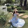 Blue Plaid Lace Suspender Dress Women's Summer Dopamine Bright Wear Seaside Vacation Beach Sunset Dress