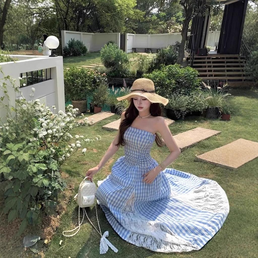 Blue Plaid Lace Suspender Dress Women's Summer Dopamine Bright Wear Seaside Vacation Beach Sunset Dress