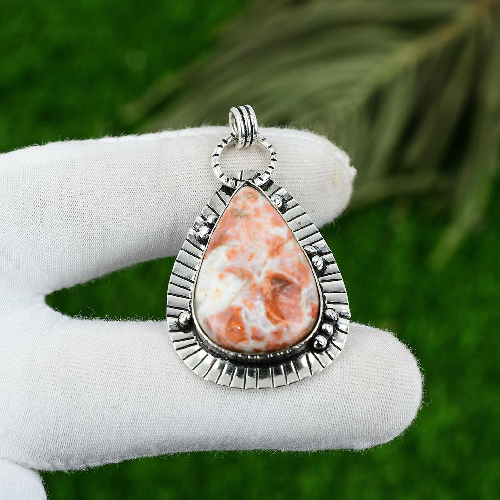 925 Silver Pear Natural Rainbow Jasper Mother Artisan Handmade Elegant Pendant